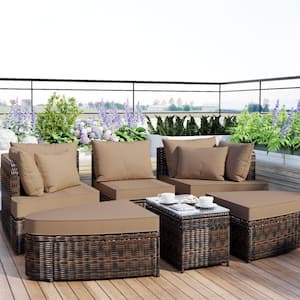 6-Piece Patio Outdoor Round Conversation Set, PE Wicker Rattan Separate Seating Group Sofa with Table, Brown Cushions