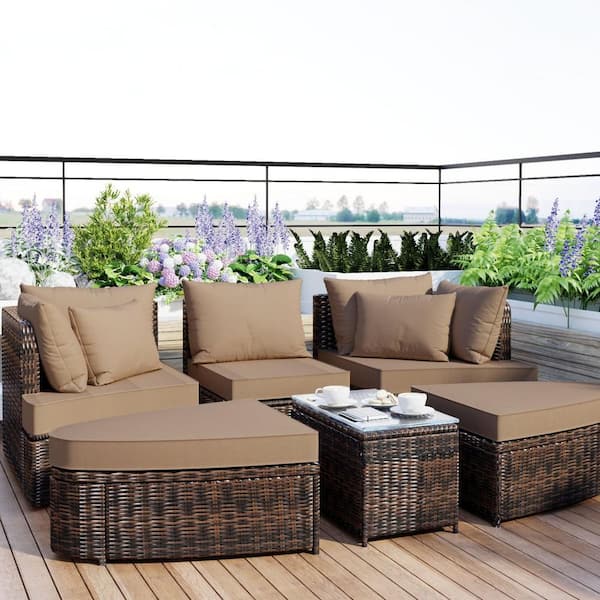 ToolCat 6-Piece Patio Outdoor Round Conversation Set, PE Wicker Rattan Separate Seating Group Sofa with Table, Brown Cushions