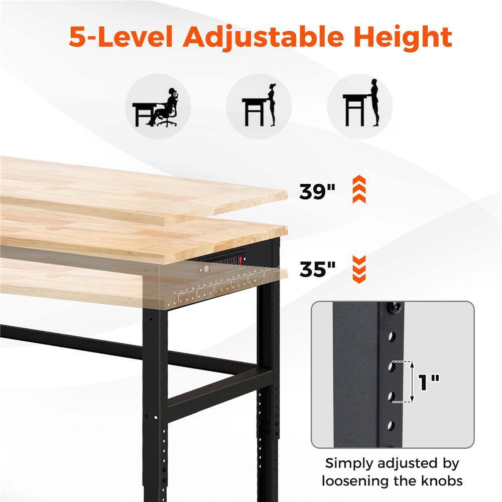 48'' Adjustable Oak Wood Top Workbench with Steel Frame and Power Outlets