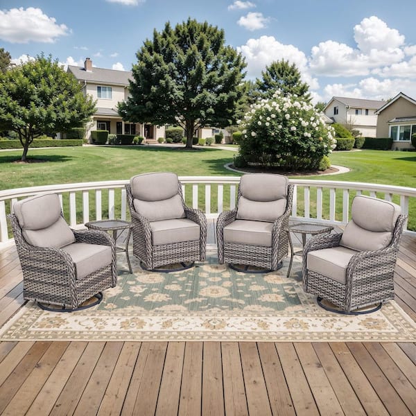 Crescent Gray Swivel Glider Wicker Patio Conversation Set with Beige Olefin 6 in. Thick Cushions/Side Table (6-Piece)