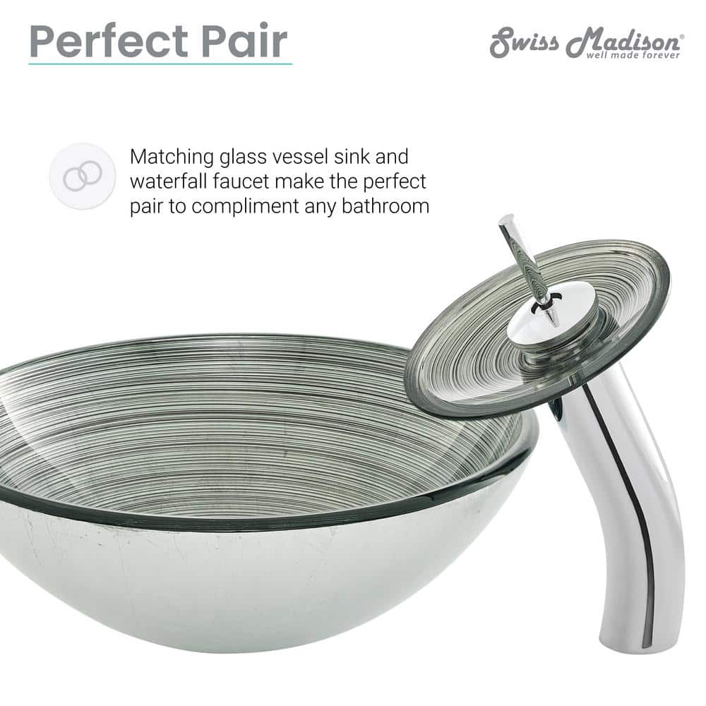 Cascade Smoky Grey 16.5" Glass Vessel Sink with Waterfall Faucet