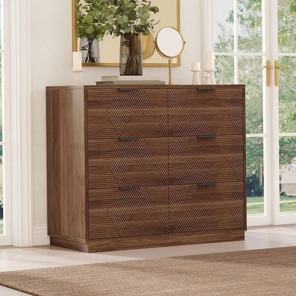 GDFSTUDIO Modern Walnut Finish 6 Drawers 39.3 in. W Bedroom Dresser, 3D Geometric Wooden Chest of Drawers Entryway Storage Cabinet