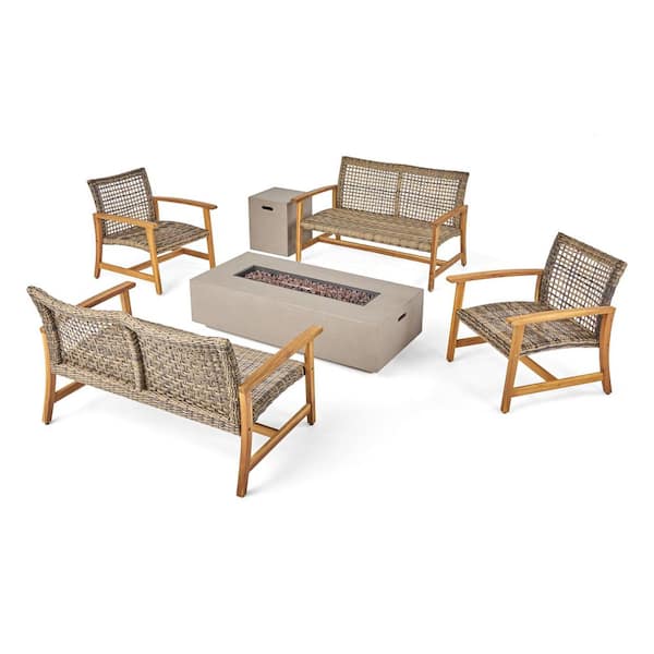 Noble House Augusta Grey 6-Piece Wood Patio Fire Pit Seating Set