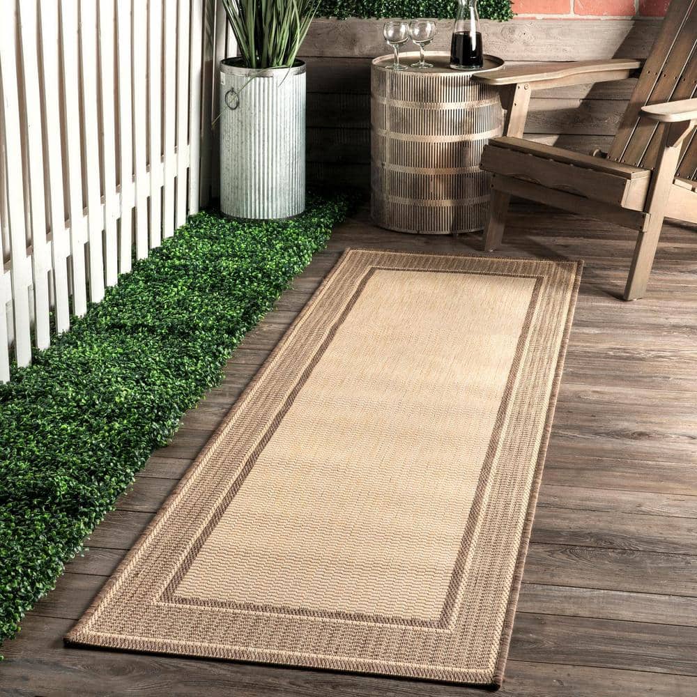 Beige Rectangular Synthetic Reversible Indoor/Outdoor Area Rug
