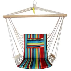 2.5 ft. Hammock Chair with Wooden Armrests in Red, Blue and Green Stripes