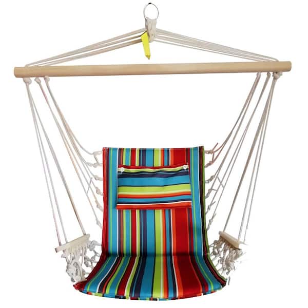 BACKYARD EXPRESSIONS PATIO · HOME · GARDEN 2.5 ft. Hammock Chair with Wooden Armrests in Red, Blue and Green Stripes