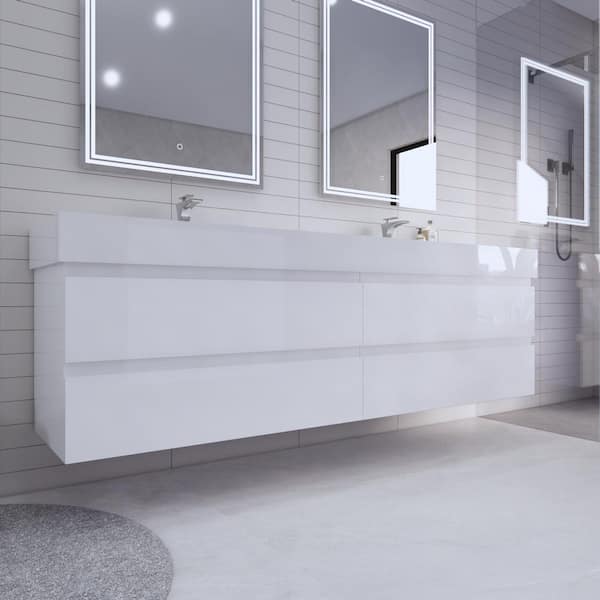 Monterey 84 in. W x 20 in. D x 26 in. H Double Sink Floating Bath Vanity in High Gloss White with White Acrylic Top