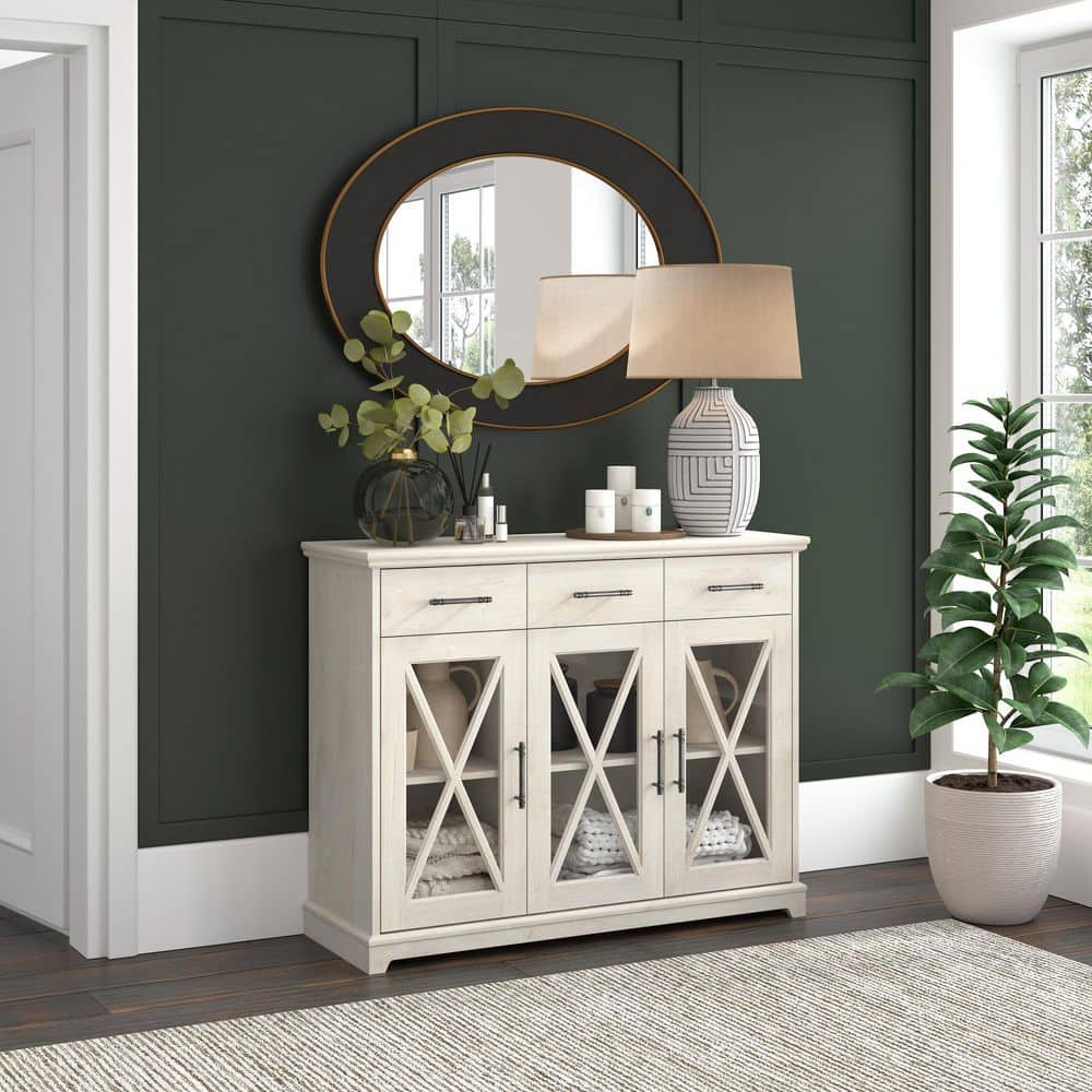 Lennox 46'' Linen White Oak Farmhouse Buffet Cabinet with Glass Doors