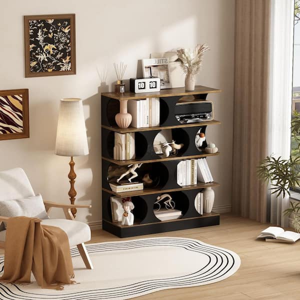 FUFU&GAGA 60 in. Tall Black and Walnut Wood 4-Shelf