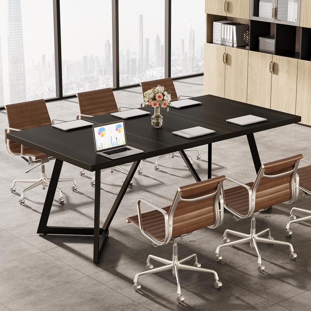 Moroni 70.86 in. Modern Black Wood Computer Desk, Rectangular Meeting Seminar Table with Metal Frame for 6-8 People