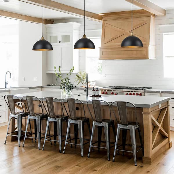 Detroit 1-Light 15in. Black Farmhouse Dome Pendant Dimmable Indoor/Outdoor Hanging Light for Kitchen Island