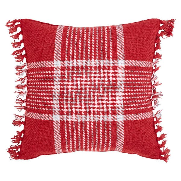 Eston Red White 12 in. x 12 in. Plaid Fringed Throw Pillow