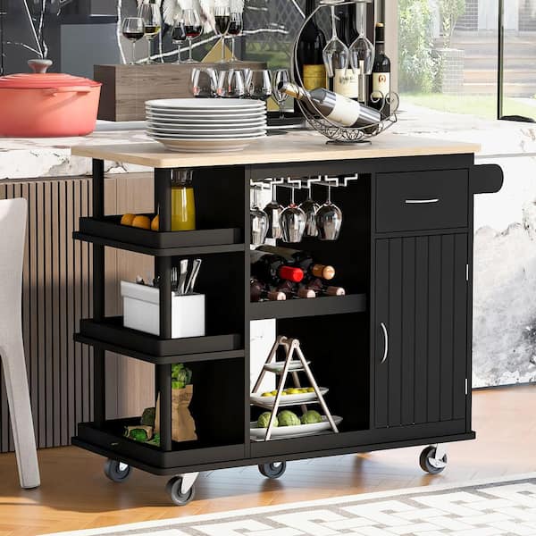 Unbranded Designed with Modern Style and Functionality Black Rubber Wood Kitchen Cart with Cabinets and Adjustable Shelves
