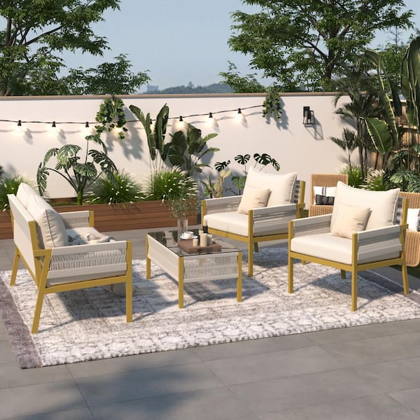 FASHION FINESSE LLC 4-Piece Metal Frame Nylon Rope Outdoor Patio Conversation Set with Beige Cushions and Tempered Glass Coffee Table
