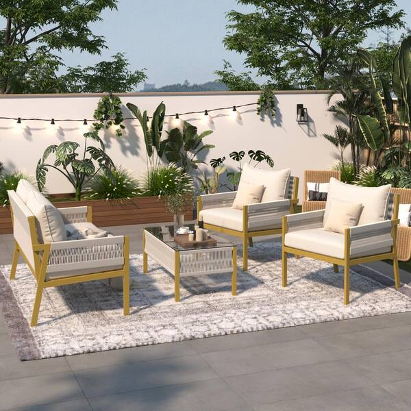 Unbranded 4-Piece Metal Frame Nylon Rope Outdoor Patio Conversation Set with Beige Cushions and Tempered Glass Coffee Table
