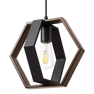 60-Watt 1-Light Metal Hanging Pipes Pendant Light with Bronze Wooden Grain Shade, No Bulbs Included