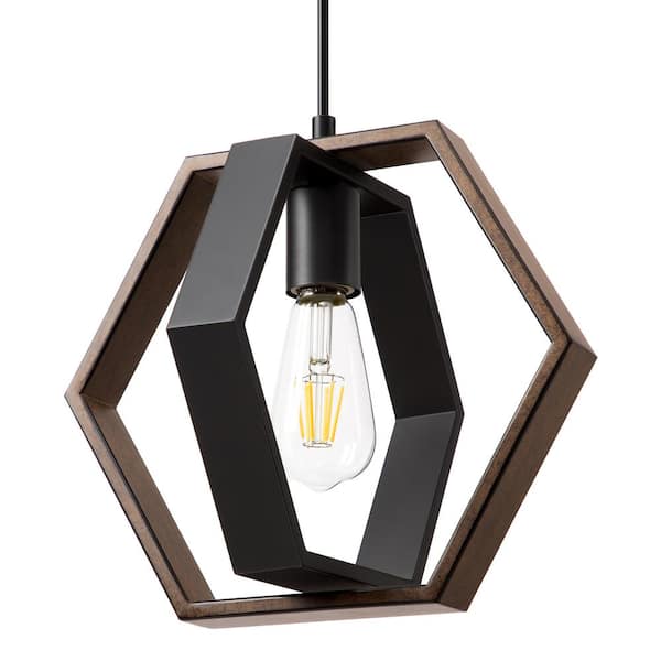 EDISHINE 60-Watt 1-Light Metal Hanging Pipes Pendant Light with Bronze Wooden Grain Shade, No Bulbs Included
