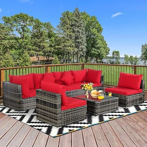 Wicker Outdoor PE Patio Sectional Sofa Conversation Set with Red Cushions (7-Pack)