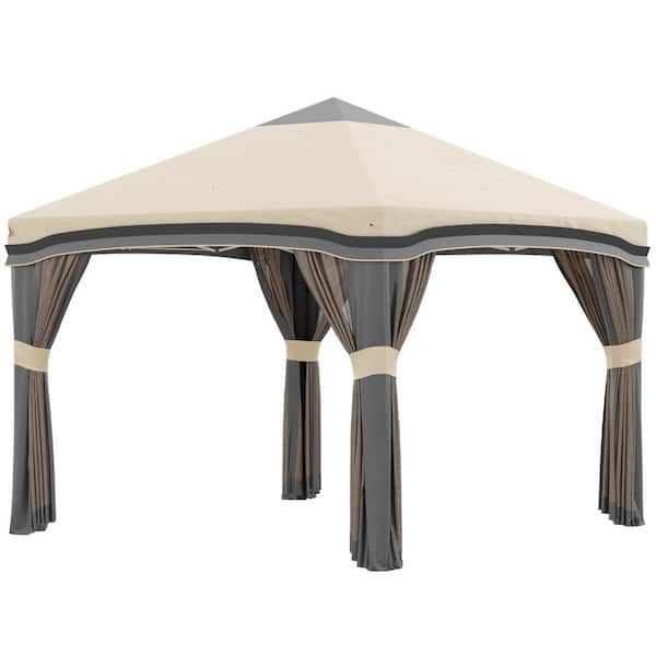 10 ft. x 10 ft. Soft Top Metal Steel Gazebo with Mosquito Net, Sunshade Curtains, Sturdy Double Roof Canopy for Gardens