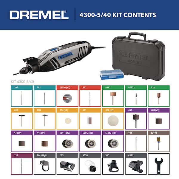 Dremel 4300 1.8 Variable Speed Corded Rotary Tool Kit w/ Mounted 40 Accessories, 5 Attachments, Carrying Case 4300-5/40 - The Home Depot