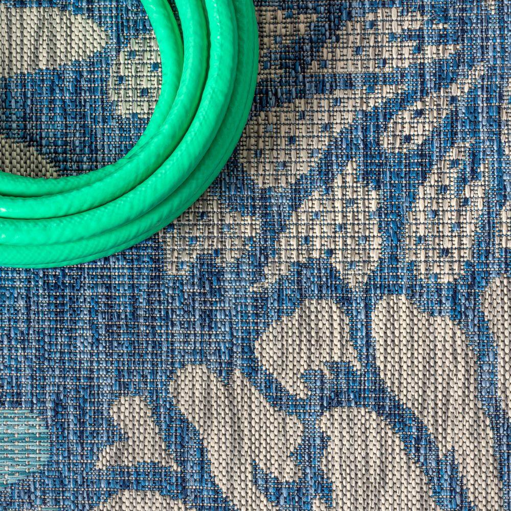 Navy and Aqua Floral Flat Woven Runner Rug