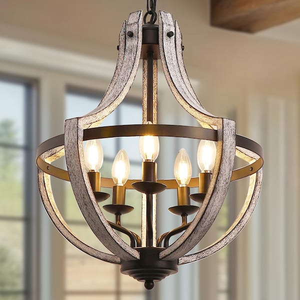 YANSUN Modern Geometric 5-Light Chandelier, Black and Dark Wood Finish, Industrial Hanging Light Fixture for Dining Table