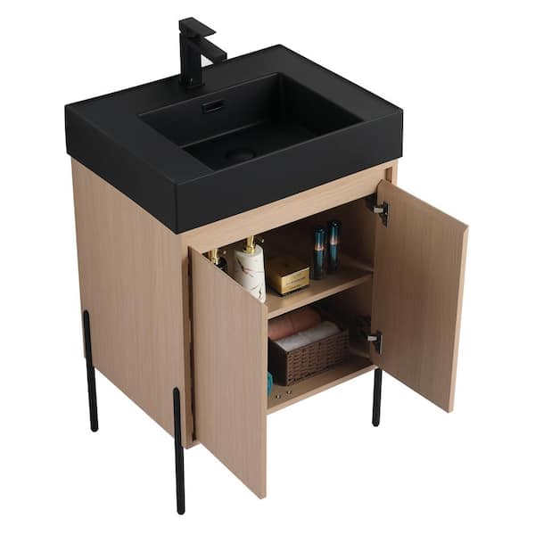 Crownpoint 24 in. Freestanding Single White Oak Bathroom Vanity with Black Acrylic Sink Top Unassembled