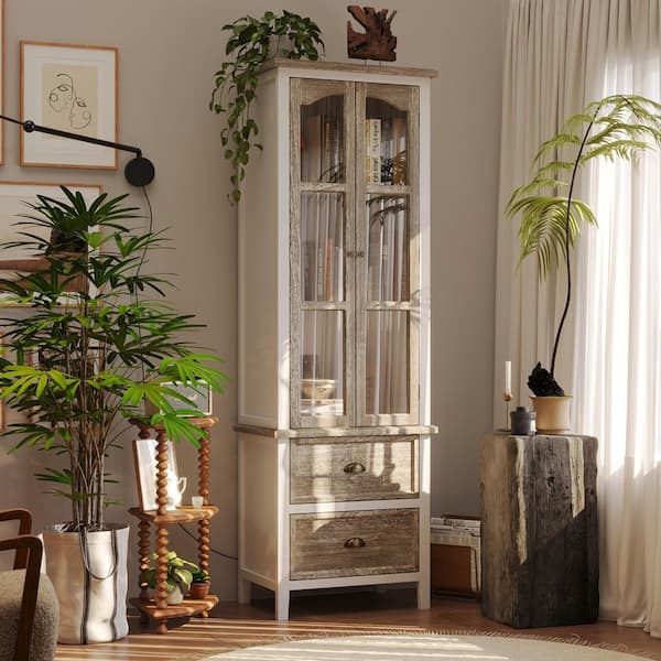 White and Wooden Grain 73 in. Height Wood Accent Storage Cabinet with 2 Glass Doors, 3 Shelves & 2 Drawers