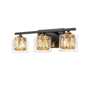 18.9 in. 3-Lights Matte Black Modern/Contemporary Gold Crystal Vanity Light with Clear Glass Shade
