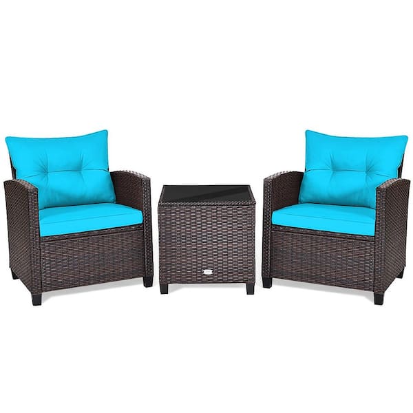 3-Pieces Rattan Outdoor Patio Conversation Set with Coffee Table Turquoise Cushion