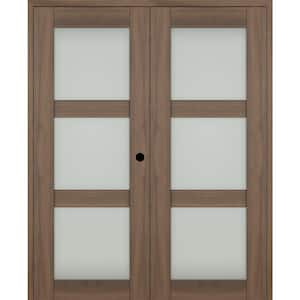 Vona 60"x 84" Left Hand Active 3-Lite Frosted Glass Pecan Nutwood Wood Composite Double Prehung French Door