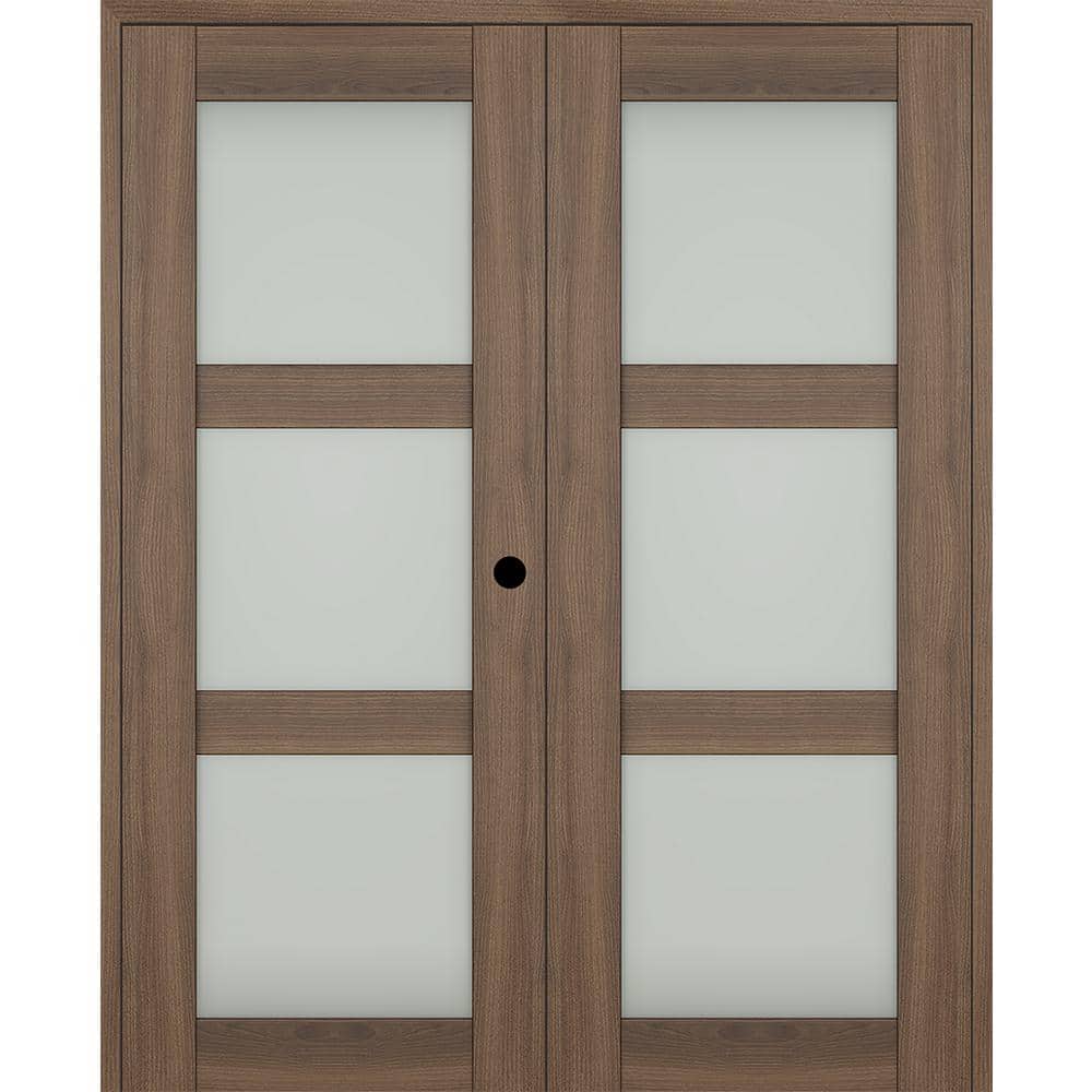 "Vona 56""x 84"" Left Hand Active 3-Lite Frosted Glass Pecan Nutwood Wood Composite Double Prehung French Door" price history on PriceWatchPro