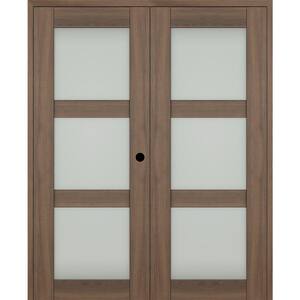 Vona 56"x 84" Left Hand Active 3-Lite Frosted Glass Pecan Nutwood Wood Composite Double Prehung French Door
