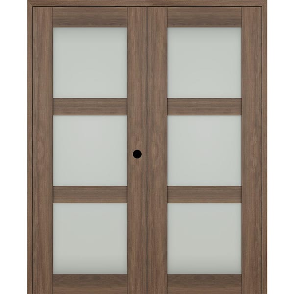 Belldinni Vona 48"x 84" Left Hand Active 3-Lite Frosted Glass Pecan Nutwood Wood Composite Double Prehung French Door