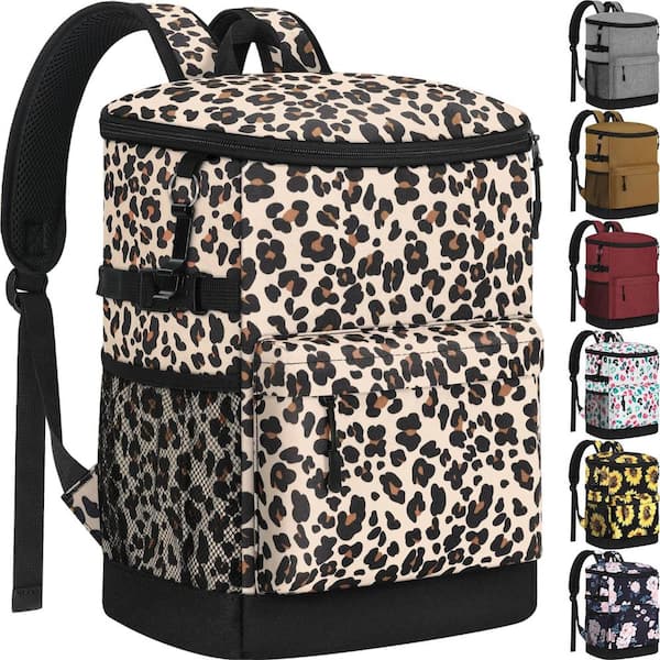 40 Can Insulated Cooler Backpack, Leakproof Soft Ice Chest Bag, Waterproof Lunch Cooler for Beach, Camping, Hiking, Leop
