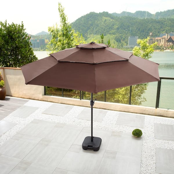 Patio Festival 9.8 ft. Solar-Powered Light-up Tilt Market Umbrella with Base in Brown
