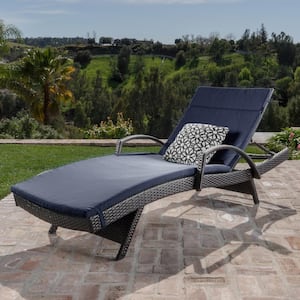 Miller Multi-Brown Faux Rattan Outdoor Patio Chaise Lounge with Navy Blue Cushion and Armrest