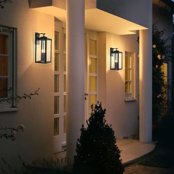 2-Light 20.25 in. Black Dusk to Dawn Outdoor Hardwired Wall Lantern Sconce with Clear Tempered Glass, No Bulbs Included
