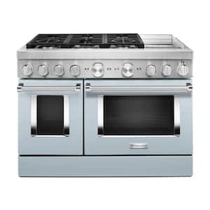 48 in. 6.3 cu. ft. Double Oven Dual Fuel Range with Self-Cleaning and True Convection in Misty Blue