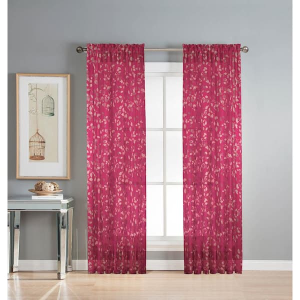 Window Elements Sheer Pinehurst Printed 54 in. W x 84 in. L Rod Pocket Extra Wide Curtain Panel in Sheer Fuchsia