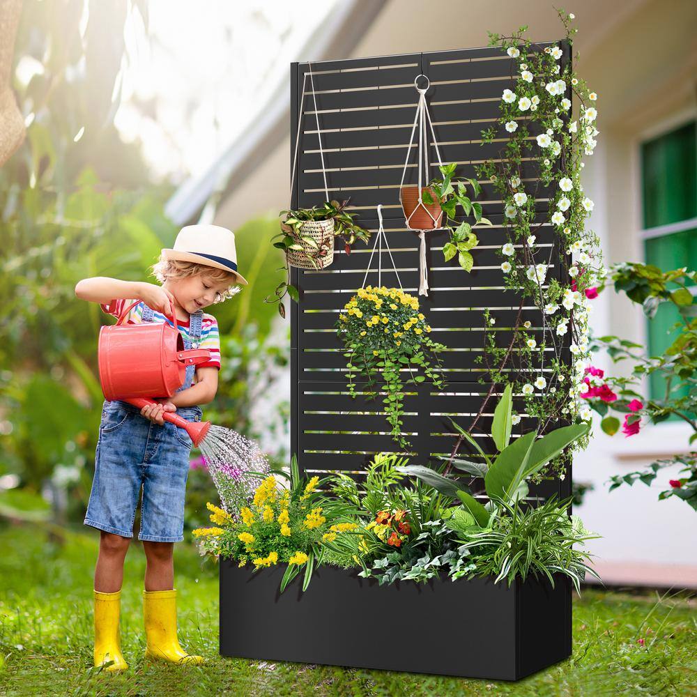 71"x35"x16" Raised Garden Bed with Trellis, Metal Planter Box with Trellis, Outdoor Planter Box, Black-Louvered