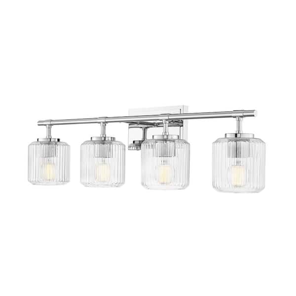 Unbranded Landon 32 in. 4 Light Chrome Vanity Light with Clear Ribbed Glass Shades