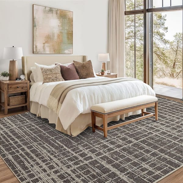 Brown 5 ft. x 7 ft. Anti-Slip Grid Print Rug Modern Machine Washable Ultra-Thin Soft for Bedroom Corridor Office