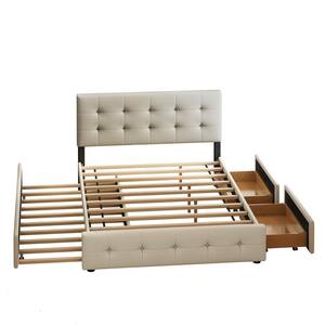 Beige Upholstered Frame Queen Size Platform Bed With 2 Drawers and 1 Twin XL Trundle