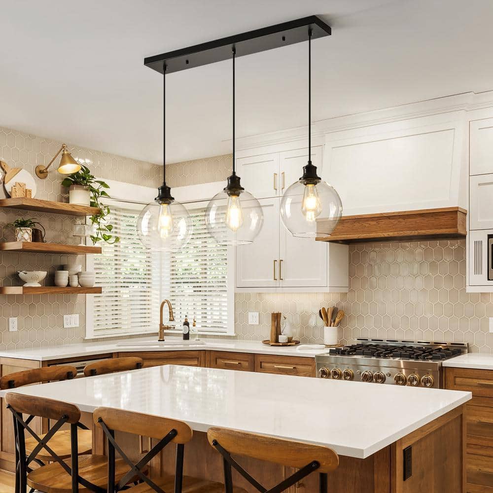 GoYeel Glazure 3-Light Matte Black Contemporary Clear Glass Globes
