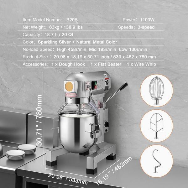 18.7 L Commercial Stand Mixer, 1100 W Dough Mixer with 3 Speed Settings, Stainless Steel Bowl & Attachments Sliver 20 QT