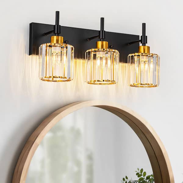 EDISLIVE Orillia 19.3 in. 3-Light Black and Gold Crystal Bathroom Vanity Light with Shades for Bathroom Powder Room Kitchen