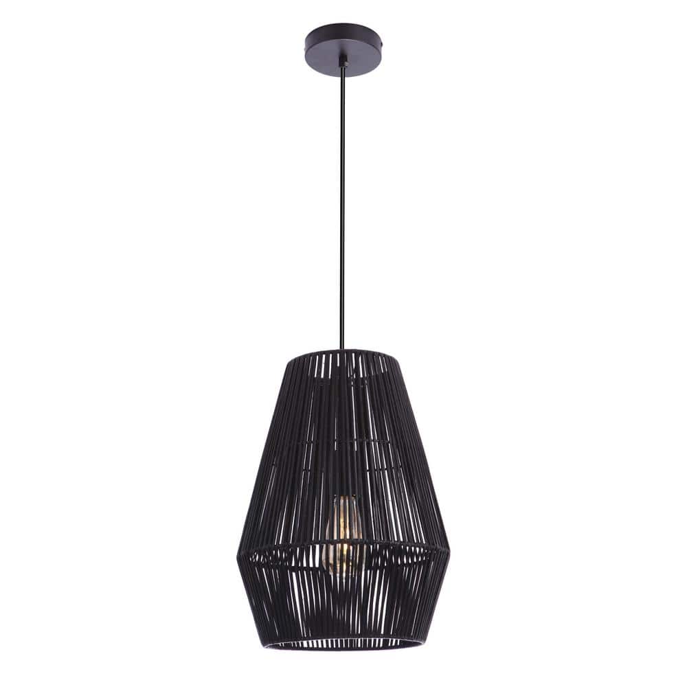 Flat Black Rattan and Iron Indoor/Outdoor Pendant Light