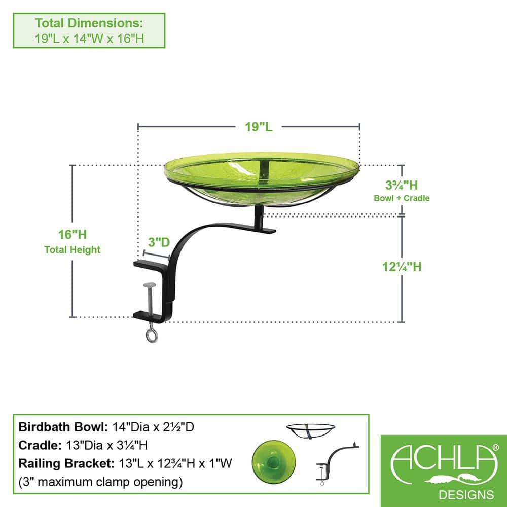 Fern Green Crackle Glass Birdbath with Rail Mount Bracket