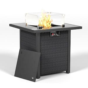 28 in. Outdoor Propane Fire Pit Table with Glass Windscreen Protector - Rattan and Wicker-Look in Coffee Brown